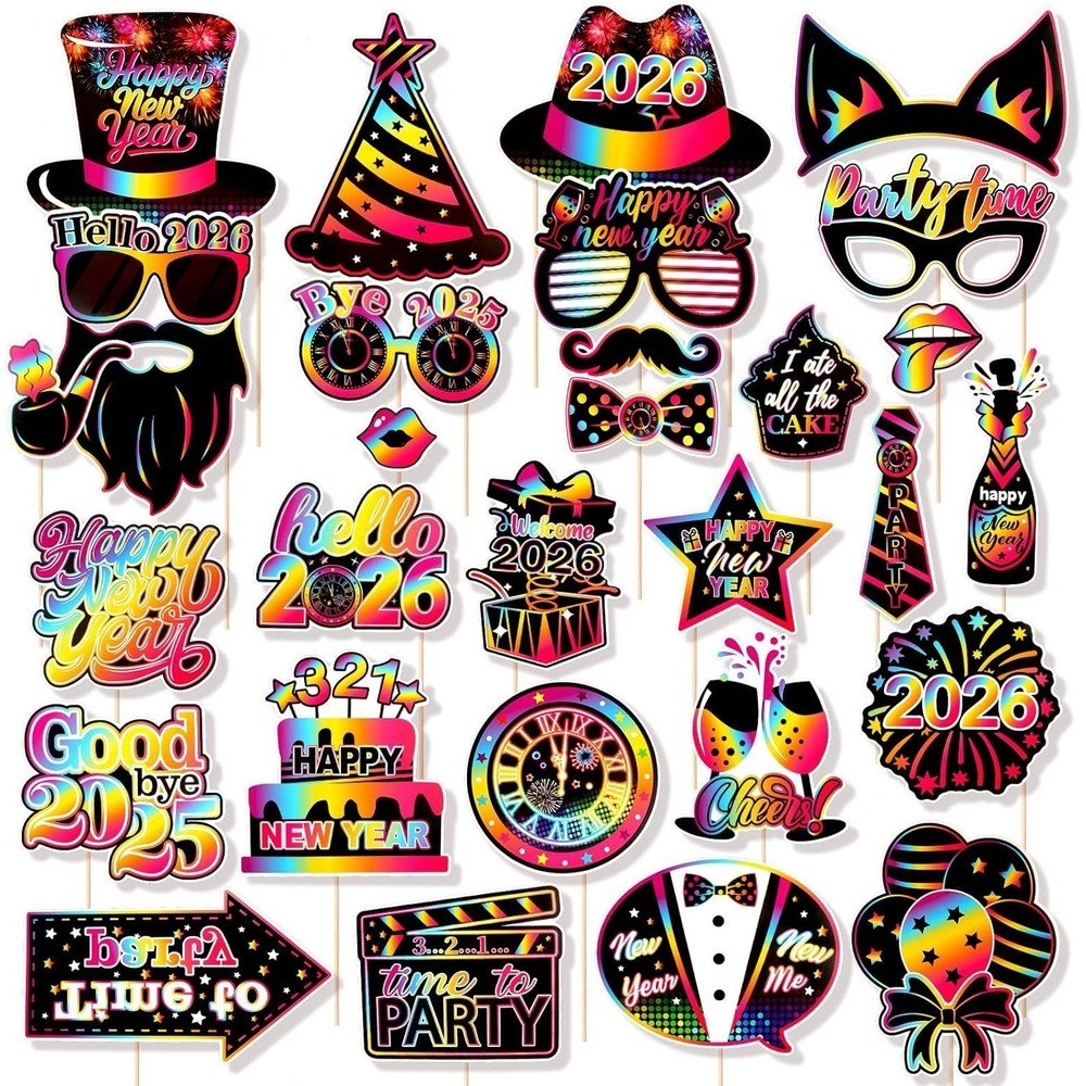 30Pcs New Years Photo Booth Props, Colorful 2026 Photo Props, Happy New Years Ev